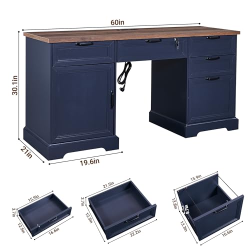 60" Farmhouse Executive Desk with Charging Station,Home Office Desk with 4 Drawers & 1 Cabinet&1 File Cabinet,Main Drawer with Lock,Wood Desk for Office and Home