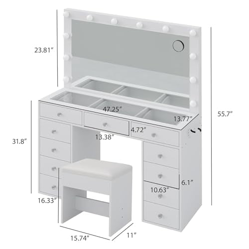 Vanity Desk with Mirror, Makeup Table with Power Outlet and 11 Lights, Set 3 Lighting with RGB Drawers, Vanity Table with 11 Drawers and Cushioned Stool for Bedroom, Dressing Room (White)