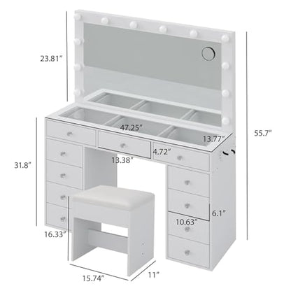Vanity Desk with Mirror, Makeup Table with Power Outlet and 11 Lights, Set 3 Lighting with RGB Drawers, Vanity Table with 11 Drawers and Cushioned Stool for Bedroom, Dressing Room (White)