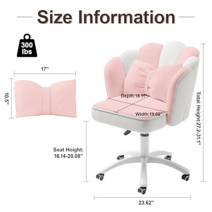 Vanity Chair with Wheels Velvet Petal Desk Chair Upholstered Tufted Home Office Chair for Women Girls, Height Adjustable Makeup Task Chair for Bedroom Living Room, Pink White
