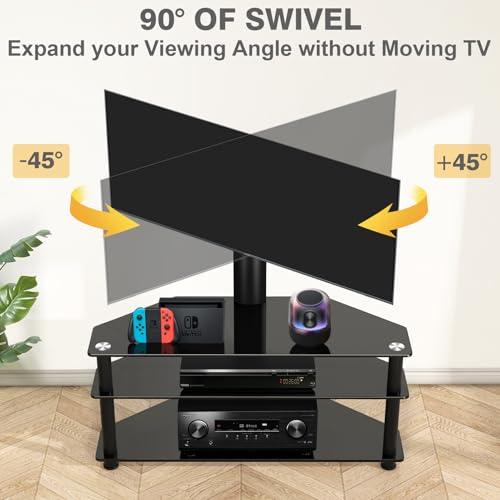 TAVR Swivel Floor TV Stand with Table for 32-70 Inch TVs | Universal Height Adjustable Glass TV Stand with Large Storage Shelves, Strong Corner TV Stand Mount Holds up to 88lbs, Black
