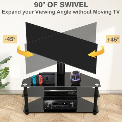 TAVR Swivel Floor TV Stand with Table for 32-70 Inch TVs | Universal Height Adjustable Glass TV Stand with Large Storage Shelves, Strong Corner TV Stand Mount Holds up to 88lbs, Black