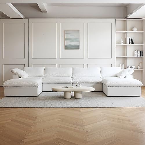 U-Shaped Cloud Couches for Living Room, 6-Seats Modular Convertible Sectional Sofas, Cushion Covers Removable, Comfy Sectional Couch with Chaise Ottomans for Living Room Apartment (White)