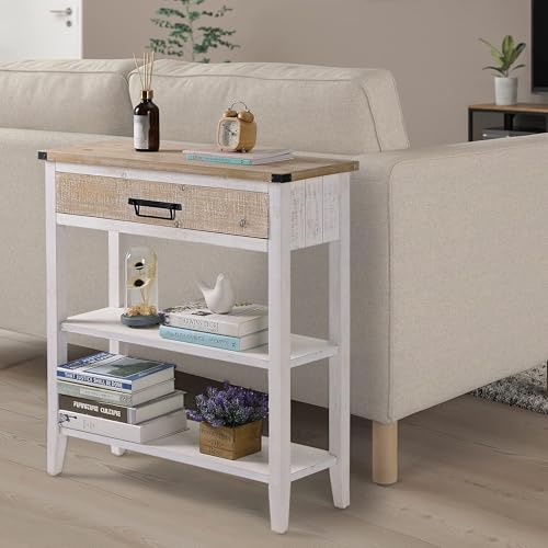 Farmhouse Console Table with Drawer, 3-Tier Rustic Entryway Table with Open Storage Shelves and Handmade Metal Handle, Narrow Foyer Sofa Table for Living Room, Entryway, Hallway (Washed White)