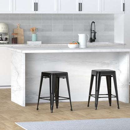 24 Inch Metal Bar Stools, Backless Counter Height Barstools, Indoor Outdoor Stackable Stools with Square Seat, Set of 4 (Black)