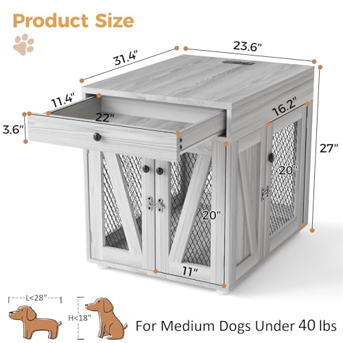 Wooden Dog Crate End Table with USB Charging Station, Gray, view 3