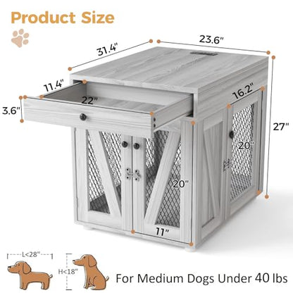 Wooden Dog Crate End Table with USB Charging Station, Gray, view 3
