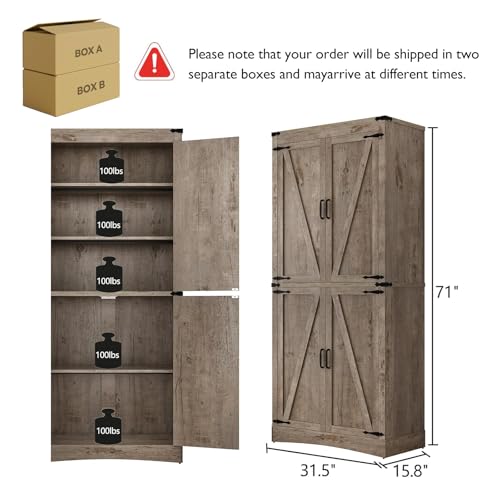 71in Farmhouse Kitchen Pantry Cabinet,Tall Storage Cabinet with 4 Doors and Adjustable shelves,with Load-Bearing Steel Pipe,Wood Storage Cabinets for Kitchen,Dining Room,Bathroom(Light Rustic Oak)