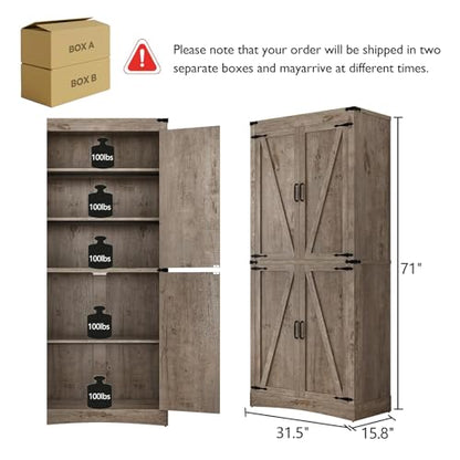 71in Farmhouse Kitchen Pantry Cabinet,Tall Storage Cabinet with 4 Doors and Adjustable shelves,with Load-Bearing Steel Pipe,Wood Storage Cabinets for Kitchen,Dining Room,Bathroom(Light Rustic Oak)