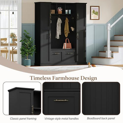 ON-TREND Farmhouse Elegant Hall Tree with 4 Side Cabinets, All-in-One Mudroom Furniture with Adjustable Shelves & Open Cubbies, Beadboard Entryway Bench with Coat Rack & 5 Hooks for Hallway, Black