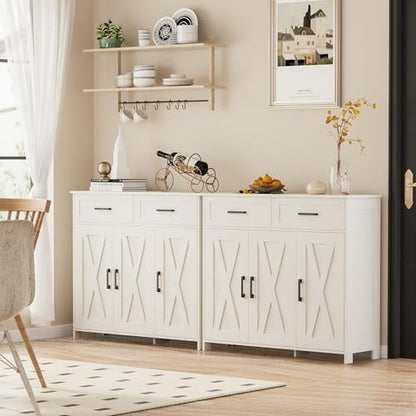 Sideboard Buffet Cabinet, Coffee Bar Storage Cabinet with Drawers and Doors, Farmhouse Kitchen Cabinet with Adjustable Shelves, for Kitchen, Dining Room, Living Room, White