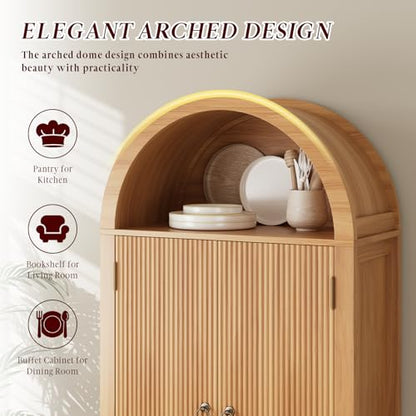 71" Arched Storage Cabinet with Fluted Doors, Tall Wood Pantry Cabinet with Drawers & Adjustable Shelves, Modern Coffee Bar Cabinet, Natural Oak