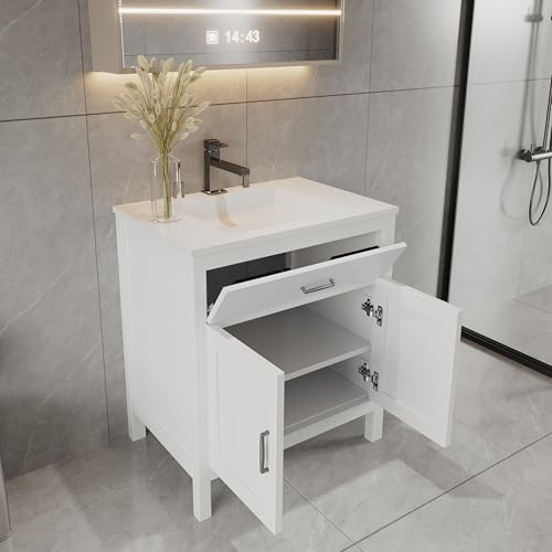 White 30" Width Freestanding Bath Vanity Tip-Out Drawer Sink Base Cabinet Without Top (White Newport, 30" Wx21 Dx34.5 H)