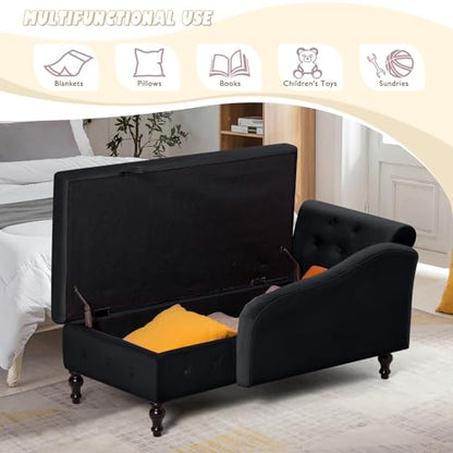 Velvet Chaise Lounge w/Left Armrest & Storage Space, Black, view 8