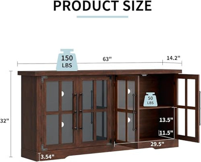63" Farmhouse TV Stand with 4 Glass Doors and Storage, Espresso, view 3