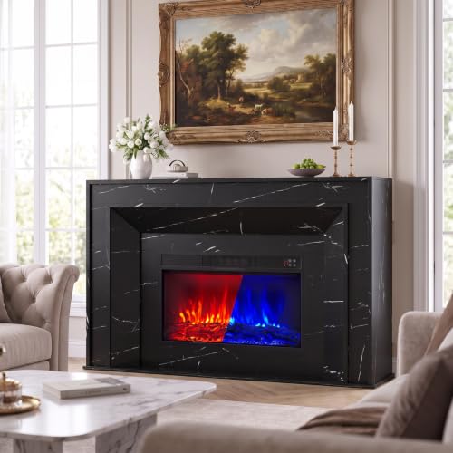 58" Fireplace TV Stand, Marble Finish Electric Fireplace Mantel,Black, view 2