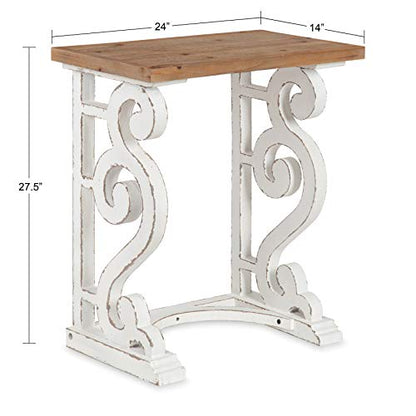 Wyldwood Rustic French Solid Wood Side Table, 24" x 14" x 12.75", White and Rustic Brown, Chic Farmhouse Inspiration, Natural Wood Top