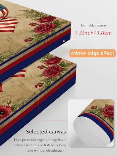 NuYeBiofx Anniversary Patriotic Eagle Canvas Wall Art Prints,30"x20" Framed Picture Artwork USA Flag Vintage Flower Leaf Printed Canvas Oil Painting for Living Room Bedroom Office,Ready to Hang