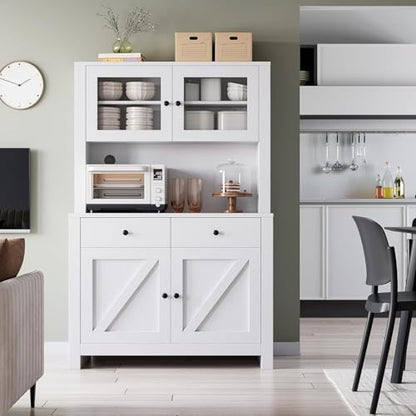 Kitchen Pantry Cabinet with Microwave Stand, Freestanding Hutch Cabinet with Buffet Cupboard, Tall Kitchen Cabinets with Adjustable Shelves for Dining Room, White