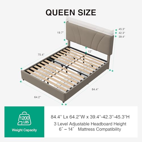 Queen Bed Frame with Drawers/Charging Station/LED Light, Beige, view 3