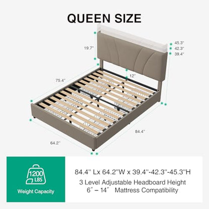 Queen Bed Frame with Drawers/Charging Station/LED Light, Beige, view 3