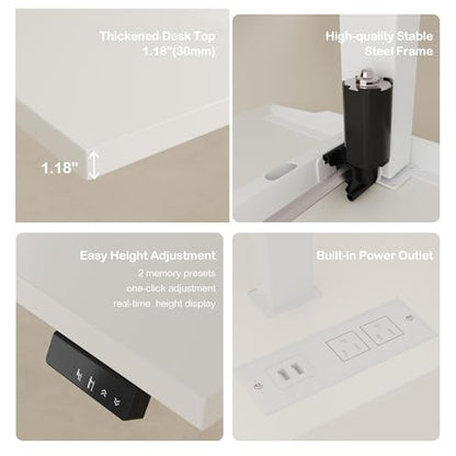 63" Standing Desk with File Cabinet, Privacy Panel, AC/USB, 1.18" Desktop, Executive L Shaped Height Adjustable Desk, Electric Stand Up Table with 3 Drawers, White Rattan