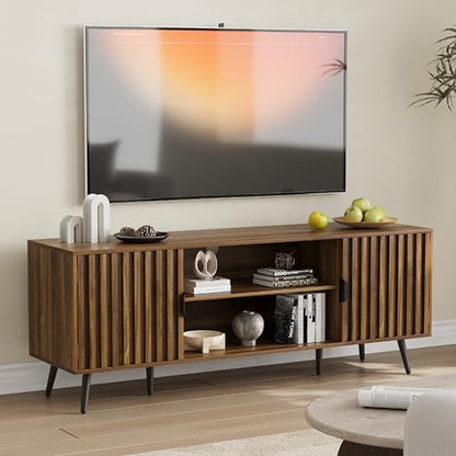 53" Fluted TV Stand with for TVs up to 60 Inch, Entertainment Center with Storage and Adjustable Shelves, Farmhouse Media Console for Living Room, Walnut
