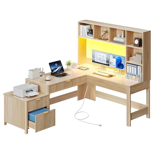 L Shaped Desk with Hutch and Drawers, 67" Computer Desk Gaming Desk with Power Outlets & LED Lights, Wood Home Office Desk with Printer Stand, Fluted Sturdy Writing Workstation, Natural Oak
