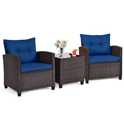 3 Pieces Patio Furniture Set, Outdoor Wicker Conversation Set Rattan Chairs with Cushions, Glass Coffee Table, Bistro Set for Front Porch Balcony Garden Deck Poolside (Navy)