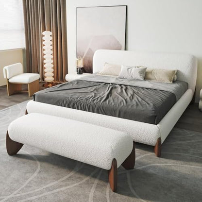 Modern Bedroom Furniture Set 2 Piece, White Boucle Queen Size Platform Bed Set & Bedroom Bench with Solid Rubber Wood Legs, Upholstered Headboard for Master Suite or Guest Room
