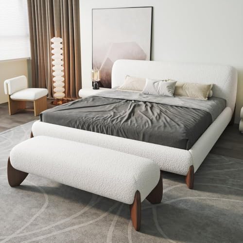 Modern Bedroom Furniture Set 2 Piece, White Boucle Queen Size Platform Bed Set & Bedroom Bench with Solid Rubber Wood Legs, Upholstered Headboard for Master Suite or Guest Room