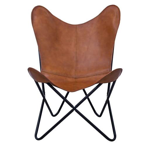 Butterfly Chair - Tan Leather Living Room Chair with Black Metal Base (Iron Frame with Tan Cover)