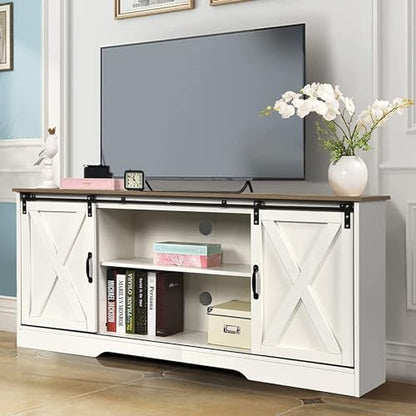 TV Stand for 65 Inch TV for Living Room, Modern Farmhouse Barn Door TV Stand with Storage Cabinets and Adjustable Shelves for Bedroom, Media Entertainment Center TV Console Table, White