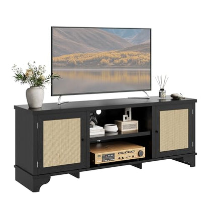 Rattan TV Stand for Living Room, Boho Entertainment Center for 55, 65 in TV, TV Console Cabinet with Storage Shelf, Black