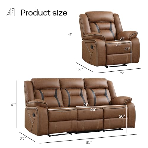 Faux Leather Recliner Sofa Furniture Set for Living Room, 2 Recliner Chairs, 3 Seat Reclining Sofa Couch Set for Meeting Room, Brown