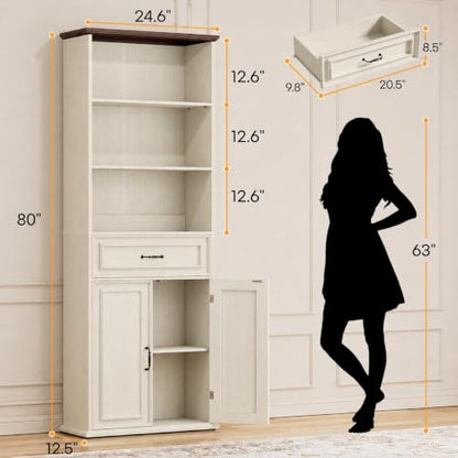80" Tall Bookcase with Drawer and Doors, Antique White/Walnut, view 3