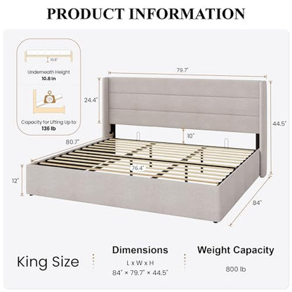 King Size Lift Up Hydraulic Storage Bed Frame Light Beige, view 3