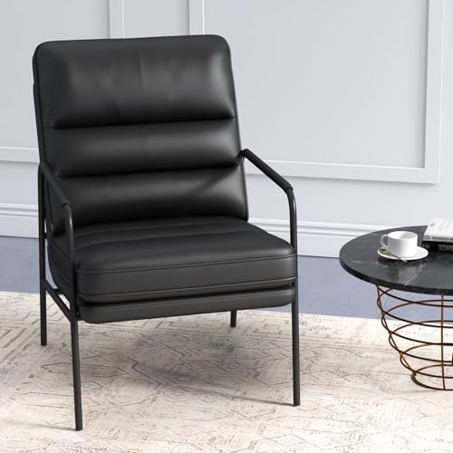 Modern Accent Chair, PU Leather High Back Armchair with Metal Frame, Comfy and Supportive Reading Chair for Living Room, Bedroom, or Office, Black