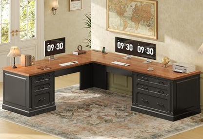 Farmhouse 78.8" L Shaped Desk with 6 Drawers, Home Office Desk with Power Outlet, view 2