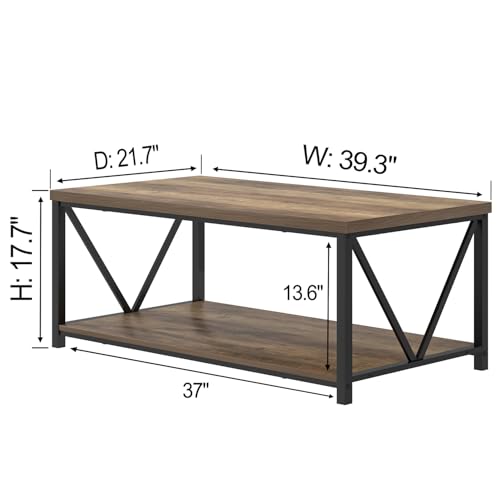 Coffee Table with Storage Shelf, Modern Industrial Metal and Wood Living Room Table, Small Rectangle Cocktail Tea Table for Bedroom Home Office, Rustic Oak, 39.3 Inch