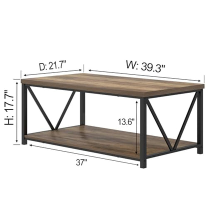 Coffee Table with Storage Shelf, Modern Industrial Metal and Wood Living Room Table, Small Rectangle Cocktail Tea Table for Bedroom Home Office, Rustic Oak, 39.3 Inch