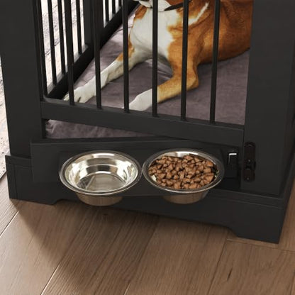 43.3" Farmhouse Dog Crate Furniture with Rotating Bowls & Drawers – Wooden, view 6