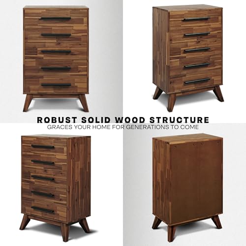 Acacia Linea 26" 5-Drawer Solid Wood Dresser, Chest of Drawers, Walnut, view 5