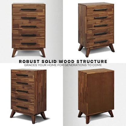 Acacia Linea 26" 5-Drawer Solid Wood Dresser, Chest of Drawers, Walnut, view 5