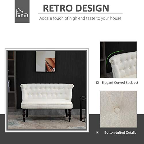 Fabric Loveseat with Wood Legs, Buton Tufted Settee, Cream White | Upholstered, Armless, Living Room