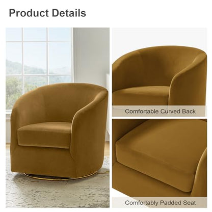 Swivel Accent Chair with Gold Metal Base, Contemporary Velvet Curved Swivel Barrel Chair, Upholstered Club Armchair, Leisure Single Sofa for Living Room, Nursery, Bedroom(Golden)