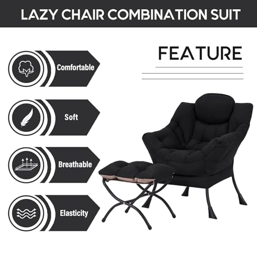 Lazy Chair with Ottoman, Comfy Accent Reading Chair, Black, view 6