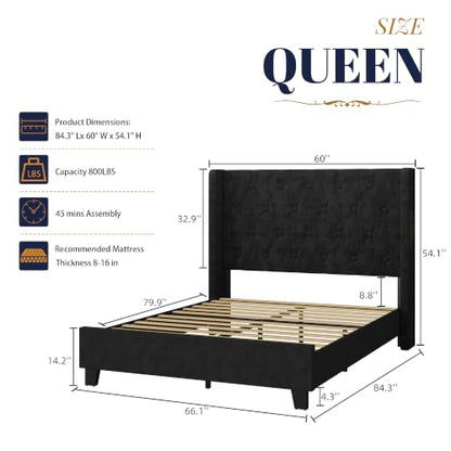 Upholstered Queen Bed Frame, 54" Tall Wingback Headboard, Black, view 3