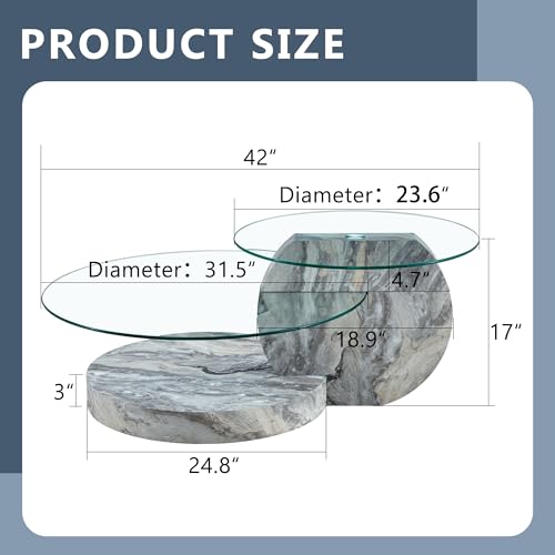 42" Glass Coffee Table｜Oval Coffee Table｜3-Tier Design with Oval Tempered Glass Tabletop｜Grey Marble Color Wooden Base｜Large Storage Space｜Smooth Edge｜Ideal for Living Room｜Easy Assembly