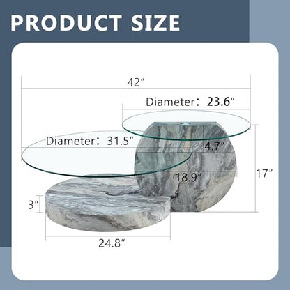 42" Glass Coffee Table｜Oval Coffee Table｜3-Tier Design with Oval Tempered Glass Tabletop｜Grey Marble Color Wooden Base｜Large Storage Space｜Smooth Edge｜Ideal for Living Room｜Easy Assembly